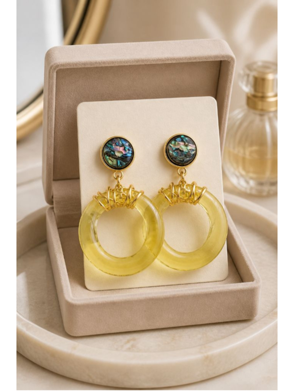 Tory Burch Gold Plated Abalone Olive Green Resin Hoop Door Knocker Earrings